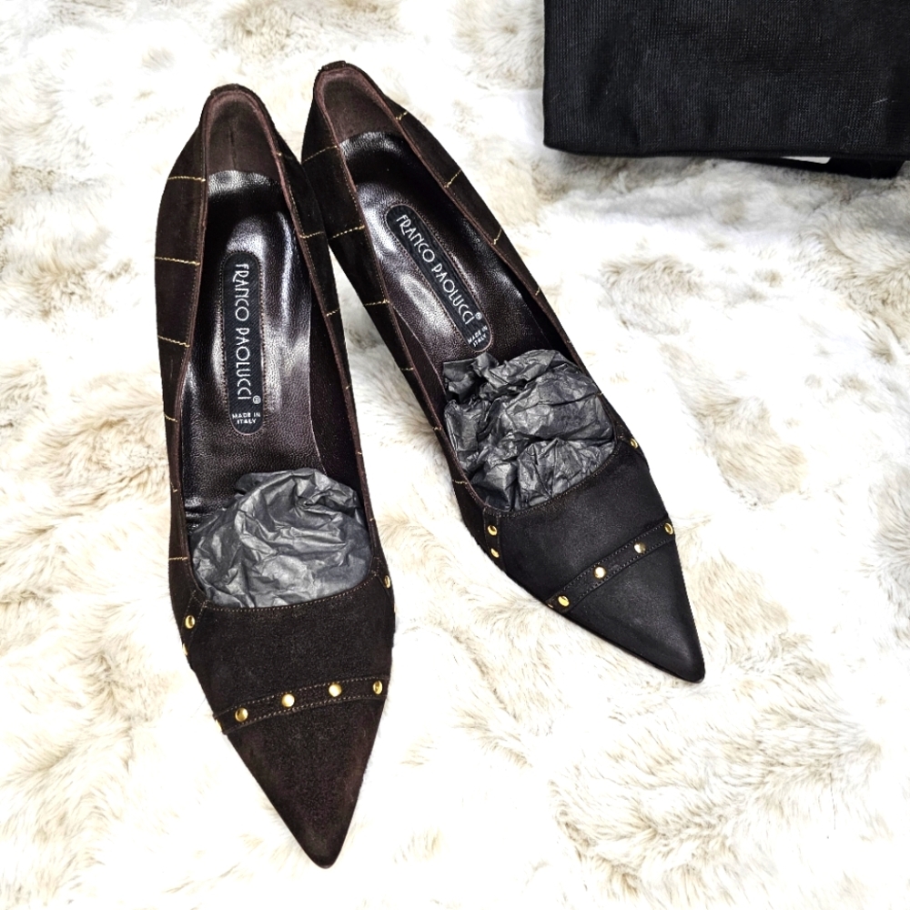 Franco Paolucci pointed‎ toe suede brown/ gold accents, square heel Sz 39 - Picture 7 of 13